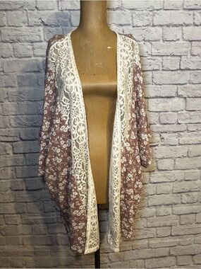 Lace-Trim Floral Open Cardigan - Dusty Mauve